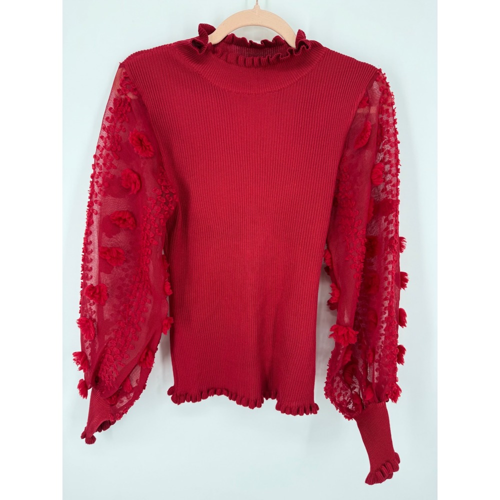 Almost Famous Knit Top Women Medium Red Sheer Floral Mesh Balloon Sleeve Ruffle